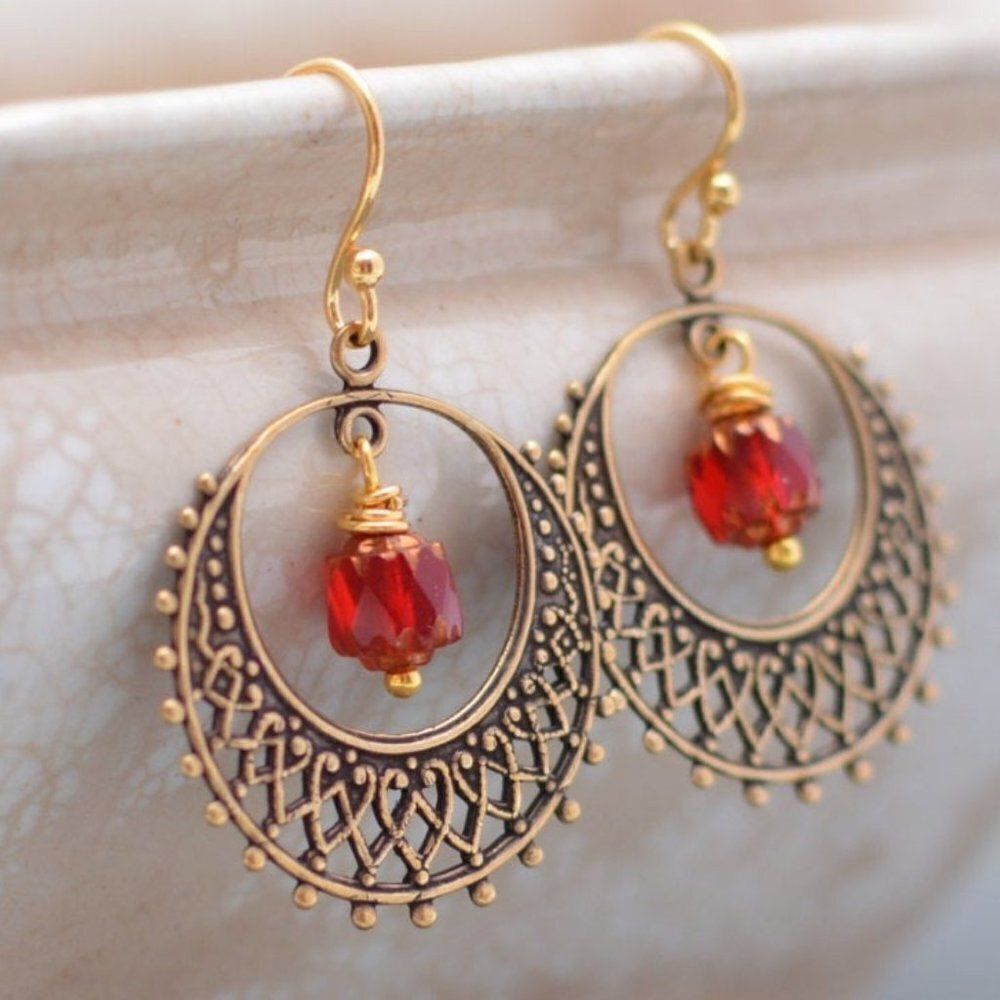 Antique Gold Filigree Hoop Earrings with Ruby Red
